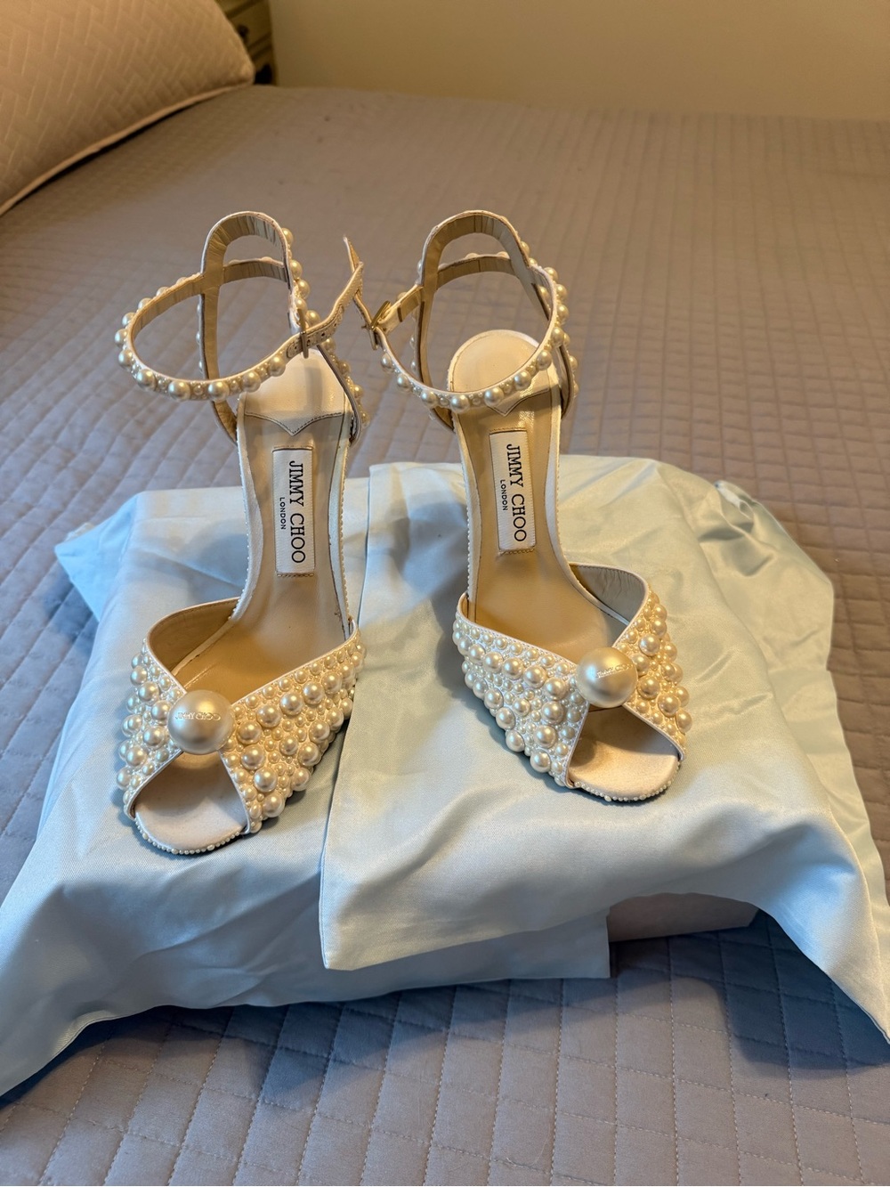 Jimmy Choo Ivory Pearl-Embellished Ankle-Strap Heels